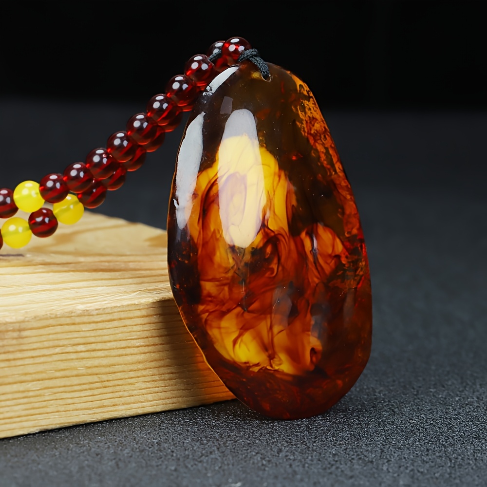 Natural Flower Amber Freeform Pendant Necklace, Vintage Style
